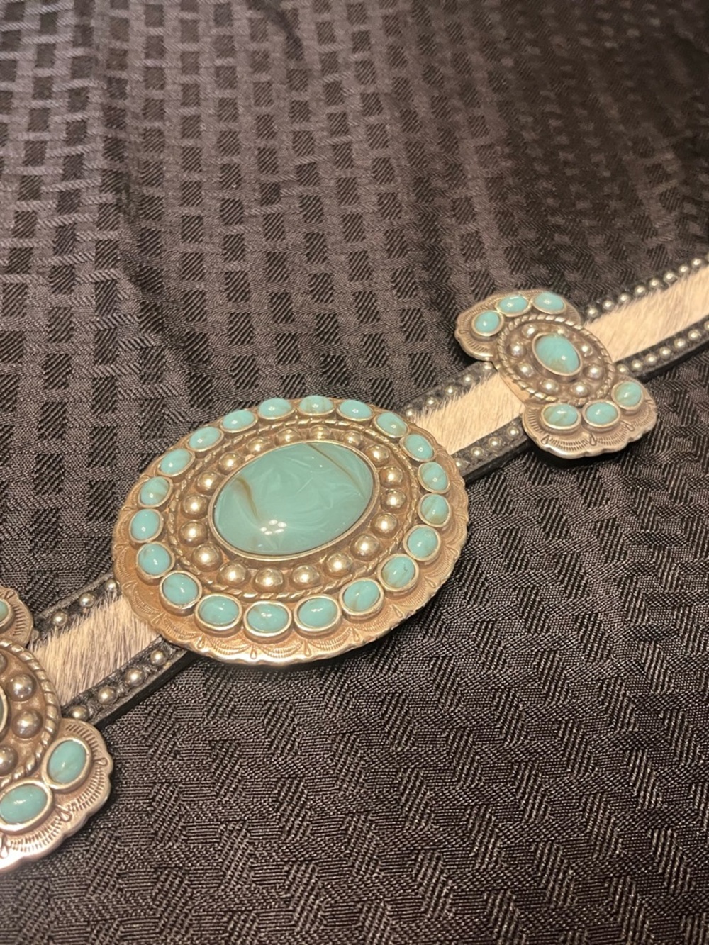 SSM numbered Cowhide adjustable Belt with Silver/Faux Turqoise Conchos - Picture 6 of 7